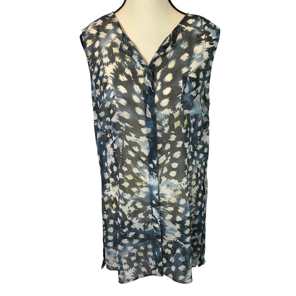 Cabi Avery Sleeveless Tunic Blouse Women M Sheer Abstract Button Front Top #416
